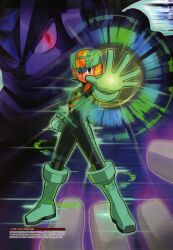 Rule 34 | 00s, 2boys, absurdres, android, bass.exe (mega man), black bodysuit, bodysuit, capcom, cape, cloak, covered mouth, energy, facepaint, full body, gem, gloves, glowing, glowing eyes, glowing hand, helmet, highres, looking at viewer, mega man (series), mega man battle network, megaman.exe, multiple boys, netnavi, official art, open hand, red eyes, robot ears, serious, shaded face, shoulder pads, torn clothes