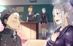 Rule 34 | 1boy, 2girls, :d, :o, black hair, black jacket, blonde hair, blue jacket, blue sailor collar, blue skirt, braid, breasts, brown footwear, chalkboard, classroom, cleavage, contemporary, crown braid, desk, emilia (re:zero), frederica baumann, from side, full body, green eyes, grey hair, hair ornament, hand up, highres, indoors, jacket, large breasts, loafers, long hair, long sleeves, multiple girls, natsuki subaru, neck ribbon, open mouth, pleated skirt, pointy ears, purple eyes, purple ribbon, re:zero kara hajimeru isekai seikatsu, red ribbon, ribbon, sailor collar, school desk, sharp teeth, shoes, short hair, skirt, sleeves rolled up, smile, socks, standing, teacher, teeth, thick eyebrows, upper body, very long hair, white socks, x hair ornament, zerobarto