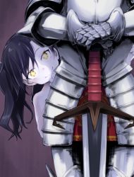Rule 34 | 1girl, armor, black hair, brown background, closed mouth, commentary request, full armor, gauntlets, hair between eyes, hands on hilt, highres, long hair, looking at viewer, momo (higanbana and girl), nude, original, pale skin, peeking out, purple background, simple background, smile, solo, sword, twintails, weapon, yellow eyes