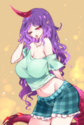Rule 34 | 1girl, breasts, cowboy shot, ears visible through hair, green shirt, green shorts, groin, highres, horns, large breasts, long hair, looking at viewer, navel, one eye closed, open mouth, pointy ears, purple hair, raptor7, red eyes, red horns, red tail, shirt, short sleeves, shorts, simple background, single horn, solo, tenkajin chiyari, tongue, tongue out, touhou, yellow background