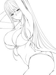 Rule 34 | 00s, 1girl, ass, bikini, blush, breasts, cleavage, ebido, greyscale, highres, huge breasts, long hair, monochrome, selvaria bles, senjou no valkyria (series), simple background, sketch, solo, swimsuit, very long hair, white background, white bikini