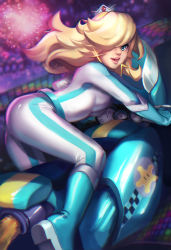 Rule 34 | 1girl, alternate costume, ass, bicycle, biker clothes, biker rosalina, bikesuit, blonde hair, blue eyes, blush, bodysuit, boots, crown, earrings, from behind, hair over one eye, jewelry, lips, long hair, looking back, lucidsky, mario (series), mario kart, mario kart 8, mario kart wii, motor vehicle, motorcycle, nintendo, one eye covered, open mouth, racing suit, ramen (aquare9ia), rosalina, solo, star (symbol), star earrings, super mario bros. 1, super mario galaxy, vehicle