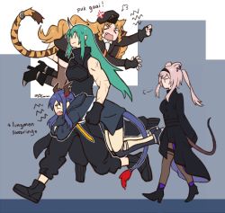 Rule 34 | &gt; &lt;, animal ears, arknights, bare shoulders, black headwear, black shirt, blonde hair, blue hair, carrying, carrying over shoulder, carrying under arm, ch&#039;en (arknights), dlanon, dragon horns, dragon tail, drill hair, gloves, green hair, hair between eyes, horns, hoshiguma (arknights), jacket, lin (arknights), long hair, mouse ears, mouse tail, multiple girls, open mouth, pantyhose, profanity, scar, shirt, shorts, silver hair, single horn, skin-covered horns, sleeveless, swire (arknights), tail, thighhighs, tiger ears, tiger tail