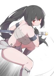 Rule 34 | 1girl, absurdres, armband, artist request, bandages, bandeau, bare shoulders, black gloves, black hair, breasts, character request, check copyright, chest sarashi, commission, copyright request, foot out of frame, gloves, highres, holding, holding sword, holding weapon, large breasts, long hair, looking at viewer, midriff, original, pelvic curtain, ponytail, red eyes, sarashi, second-party source, simple background, solo, strapless, sword, thighs, tube top, very long hair, weapon, white background