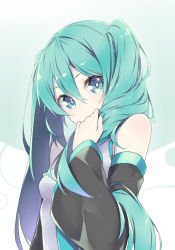 Rule 34 | 1girl, aqua background, aqua eyes, aqua hair, aqua nails, aqua necktie, breasts, covered mouth, detached sleeves, eyelashes, fhang, fingernails, hair between eyes, hair over shoulder, hatsune miku, holding, holding own hair, looking at viewer, nail polish, necktie, small breasts, solo, twintails, upper body, vocaloid, white background
