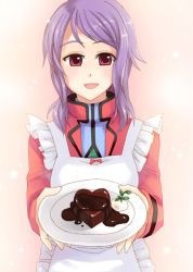 Rule 34 | 00s, 1girl, anew returner, apron, candy, chocolate, chocolate heart, food, gundam, gundam 00, heart, incoming gift, long hair, looking at viewer, open mouth, otabe sakura, plate, purple hair, red eyes, solo, valentine