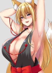 Rule 34 | 1girl, :d, absurdres, animal ears, ar (lover boy), armpits, arms behind head, arms up, blonde hair, blue eyes, blush, breasts, cleavage, collarbone, facial mark, fang, fox ears, fox girl, fox tail, highres, huge breasts, japanese clothes, long hair, looking at viewer, naughty face, nontraditional miko, open mouth, original, shiny skin, sideboob, smile, solo, sweat, tail, tsurime, upper body, very long hair