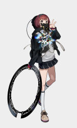Rule 34 | 1girl, absurdres, arm at side, artist request, backpack, bag, black jacket, black skin, black skirt, blazer, blue hairband, bob cut, brown eyes, brown footwear, brown necktie, caligula (game), caligula 2, chakram, colored skin, commentary, covered mouth, covering own mouth, cuffs, disembodied hand, dress shirt, flower, foot up, full body, hairband, hand up, handcuffs, hands on own face, hands on own stomach, highres, holding, holding weapon, hole in chest, hole on body, hoop, huge weapon, jacket, jewelry, kneehighs, komamura niko, looking at viewer, miniskirt, necktie, official art, oguchi, open clothes, open jacket, pleated skirt, promotional art, rainbow, red hair, ring, school uniform, shards, shirt, shoes, short hair, skirt, smile, sneakers, socks, solo, standing, sweater vest, tachi-e, two-tone skirt, w, weapon, white flower, white shirt, white socks, white sweater vest