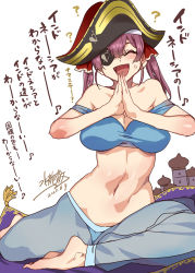 Rule 34 | 1girl, :d, ?, aladdin (disney), bad id, bad pixiv id, bicorne, black hat, blouse, blue bra, blue panties, blue shirt, blush, bra, breasts, closed eyes, cosplay, dated, eyepatch, facing viewer, harem pants, hat, hololive, houshou marine, jasmine (disney), jasmine (disney) (cosplay), large breasts, magic carpet, middle eastern architecture, mizuryu kei, navel, open mouth, own hands together, palms together, panties, pants, pirate hat, red hair, shirt, signature, smile, solo, stomach, strap slip, sweat, translation request, twintails, underwear, virtual youtuber
