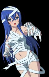 Rule 34 | 10s, 1girl, astarte (strike the blood), bandages, blue eyes, blue hair, breasts, collarbone, dutch angle, hair between eyes, long hair, looking at viewer, midriff, naked bandage, navel, open mouth, small breasts, solo, standing, stomach, strike the blood, transparent background, very long hair