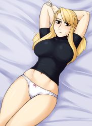 Rule 34 | 1girl, arms behind head, arms up, black shirt, blonde hair, covered collarbone, from above, frown, fullmetal alchemist, hair down, highres, indoors, ittla, looking at viewer, lying, no pants, on back, panties, riza hawkeye, shirt, skin tight, solo, swept bangs, thighs, underwear, v-shaped eyebrows