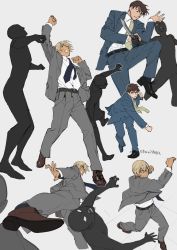 Rule 34 | 6+boys, amuro tooru, arm up, battle, belt, black footwear, blue eyes, blue jacket, blue neckwear, blue pants, blue suit, brown hair, clenched hand, clenched hands, clenched teeth, closed mouth, collared shirt, commentary request, dark-skinned male, dark skin, facial hair, floating neckwear, flying kick, formal, grey background, grey jacket, grey pants, grey suit, hair between eyes, holding, holding another&#039;s wrist, holding knife, holding weapon, indesign, jacket, kicking, knife, light brown hair, long sleeves, male focus, meitantei conan, multiple boys, multiple views, necktie, one eye closed, open clothes, open jacket, open mouth, pants, punching, scotch (meitantei conan), shirt, shirt tucked in, shoes, short hair, signature, simple background, standing, stubble, suit, teeth, upper teeth only, uppercut, weapon, white shirt, yellow neckwear