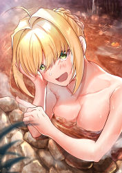 Rule 34 | 1girl, :d, ahoge, blonde hair, blurry, blurry foreground, blush, braid, braided bun, breasts, cleavage, collarbone, completely nude, fate/extra, fate (series), green eyes, hair between eyes, hair bun, hair intakes, head rest, head tilt, highres, medium breasts, nero claudius (fate), nero claudius (fate) (all), nero claudius (fate/extra), nude, onsen, open mouth, sanbon hijiki, short hair, smile, solo
