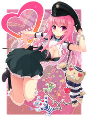 Rule 34 | 1girl, animal ears, boots, breasts, chain, cleavage, cleavage cutout, clothing cutout, cuffs, dress, gloves, hand on own hip, handcuffs, hat, heart, heart-shaped eyes, high heels, hip focus, knee boots, light smile, long hair, looking at viewer, maeda risou, original, peaked cap, pink eyes, pink hair, prison clothes, rabbit ears, riding crop, shoes, solo, symbol-shaped pupils