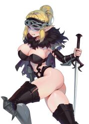 Rule 34 | 1girl, armored boots, ass, blonde hair, blue eyes, boots, breasts, cleavage, clenched teeth, commentary, elf, elven fencer, english commentary, from side, fur trim, gemi ningen, hair intakes, highres, holding, holding sword, holding weapon, large breasts, large pectorals, long hair, looking at viewer, navel, partially shaded face, pectorals, pointy ears, ponytail, revealing clothes, solo, standing, sword, teeth, thighhighs, thighs, unicorn overlord, weapon, white background