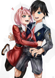 Rule 34 | 10s, 1boy, 1girl, absurdres, black hair, black pantyhose, blue eyes, boots, commentary, couple, darling in the franxx, endercraft, fang, green eyes, hair ornament, hairband, heart, highres, hiro (darling in the franxx), horns, hug, leg up, long hair, looking at another, military, military uniform, necktie, one eye closed, oni horns, orange neckwear, pantyhose, pink hair, red horns, red neckwear, short hair, socks, uniform, white footwear, white hairband, zero two (darling in the franxx)
