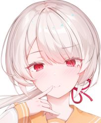 Rule 34 | 1girl, albino, blush, closed mouth, finger to mouth, hair ribbon, hand up, infinity (kkx132), long hair, long sleeves, looking at viewer, low ponytail, orange sailor collar, original, red eyes, red ribbon, ribbon, sailor collar, sailor shirt, shirt, silver hair, simple background, smile, solo, white background
