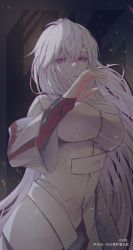 Rule 34 | 1girl, absurdres, blurry vision, breasts, douluo dalu, dress, embers, expressionless, gu yuena, hand up, highres, large breasts, long hair, purple eyes, shorts, silver hair, white dress