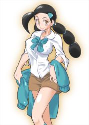 Rule 34 | 1girl, black hair, blouse, blue bow, blue bowtie, bow, bowtie, braid, breasts, brown eyes, candice (pokemon), collared shirt, creatures (company), game freak, gym leader, hair ornament, long sleeves, looking at viewer, multi-tied hair, nintendo, one-hour drawing challenge, pokemon, pokemon dppt, shirt, smile, solo, sweater, twin braids, white background, white shirt, zaitsu