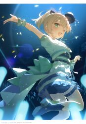Rule 34 | 1girl, absurdres, alternate costume, aqua theme, black shorts, blonde hair, blue bow, blurry, blurry background, blush, bow, confetti, dress, frilled dress, frills, glowstick, hair bow, hana mori, hat, highres, hololive, kazama iroha, mini hat, mini top hat, one eye closed, open mouth, outstretched arm, outstretched hand, penlight (glowstick), ponytail, scan, shoe soles, shorts, sidelocks, solo, stage lights, sweat, teeth, thigh strap, top hat, upper teeth only, virtual youtuber