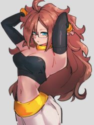 Rule 34 | 1girl, android 21, bare shoulders, blue eyes, breasts, cleavage, dragon ball, dragon ball fighterz, glasses, grey background, hair between eyes, kemachiku, long hair, looking at viewer, majin android 21, medium breasts, midriff, navel, red hair, simple background, solo