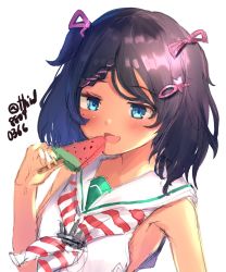 Rule 34 | 1girl, black hair, blue eyes, blush, braid, braided bangs, dress, fang, food, hair ornament, hair ribbon, hairclip, highres, holding, kantai collection, mole, mole under eye, neckerchief, o-sirius, open mouth, popsicle, ribbon, sailor collar, sailor dress, scirocco (kancolle), simple background, skin fang, sleeveless, sleeveless dress, solo, striped neckerchief, striped neckwear, twitter username, two side up, upper body, watermelon bar, white background, white dress