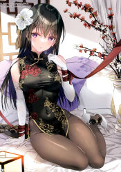 Rule 34 | 1girl, absurdres, arm support, bare shoulders, black dress, black hair, blush, breasts, china dress, chinese clothes, covered navel, dress, elbow gloves, floral print, flower, full body, gloves, gold trim, hair flower, hair ornament, hand up, high heels, highres, indoors, kobayashi chisato, long hair, medium breasts, original, pantyhose, parted lips, purple eyes, ribbon, scan, shiny clothes, simple background, sitting, sleeveless, solo