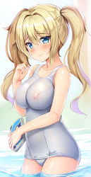 Rule 34 | 1girl, alternate breast size, barbara (genshin impact), bare shoulders, blonde hair, blush, book, breasts, covered erect nipples, genshin impact, twirling hair, half-closed eyes, highres, holding, holding book, kageira, long sleeves, looking at viewer, one-piece swimsuit, partially submerged, see-through, smile, solo, swimsuit, twintails, white one-piece swimsuit