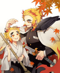 Rule 34 | 2boys, :d, animal, animal on shoulder, autumn leaves, belt, bird, bird on shoulder, black jacket, black pants, blonde hair, breast pocket, broom, brothers, buttons, commentary request, crow, falling leaves, fingernails, flame print, forked eyebrows, hand up, haori, happy, heads together, highres, holding, holding broom, jacket, japanese clothes, kanzaki (bluegarden), katana, kimetsu no yaiba, kimono, leaf, long sleeves, looking at another, lower teeth only, male focus, medium hair, mismatched eyebrows, multicolored hair, multiple boys, open mouth, pants, pocket, ponytail, red hair, rengoku kyoujurou, rengoku senjurou, scabbard, sheath, short hair, siblings, sidelocks, simple background, smile, sword, teeth, thick eyebrows, tongue, two-tone hair, uniform, upper body, upper teeth only, weapon, white background, white belt, white kimono