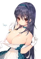 Rule 34 | 1girl, bad id, bad pixiv id, bare shoulders, black hair, blush, breasts, brown eyes, choker, cleavage, collarbone, gloves, hairband, large breasts, long hair, looking at viewer, mole, mole on breast, original, simple background, solo focus, sukja, white background, white gloves