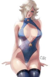 Rule 34 | 1girl, arm support, artist name, bare shoulders, blonde hair, bloom, blue eyes, blue leotard, breasts, cameltoe, citri, cleavage, cleavage cutout, clothing cutout, collarbone, commentary, covered navel, cowboy shot, english commentary, eyelashes, hair over one eye, highleg, highleg leotard, highres, large breasts, leotard, lingerie, lips, long hair, looking at viewer, mario (series), nintendo, pink lips, rosalina, signature, sitting, solo, star (symbol), super mario galaxy, swept bangs, thighhighs, thighs, underwear, white background