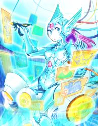 Rule 34 | 1girl, android, blue eyes, blush, cable, highres, hologram, holographic interface, holographic monitor, long hair, monitor, oekaki musume, original, pen, purple hair, science fiction, solo, stylus, tanigawa hiroshi