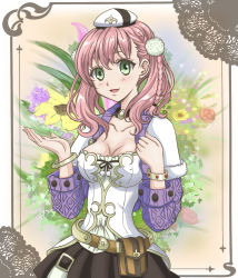 Rule 34 | 10s, 1girl, atelier (series), atelier escha &amp; logy, bag, belt, belt bag, black skirt, blush, bracelet, braid, breasts, choker, cleavage, clenched hand, coat, collarbone, corset, escha malier, female focus, floral background, flower, green eyes, hair between eyes, hand up, hanzou, hat, jewelry, looking at viewer, medium breasts, neck, necklace, open hand, open mouth, pink hair, shirt, short hair, skirt, smile, solo, strapless, twintails, upper body