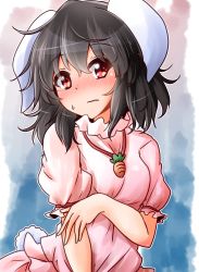 Rule 34 | 1girl, animal ears, black hair, blush, carrot, carrot necklace, closed mouth, commentary request, dress, embarrassed, highres, inaba tewi, jewelry, looking at viewer, necklace, oshiaki, pendant, pink dress, rabbit ears, red eyes, short hair, short sleeves, solo, sweatdrop, touhou, upper body
