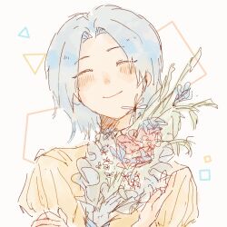 Rule 34 | 1girl, blue hair, bouquet, chinese commentary, closed eyes, closed mouth, commentary request, enomoto noa, er san san san, flower, holding, holding bouquet, light blue hair, parted bangs, puffy sleeves, saibou shinkyoku, shirt, short hair, sketch, smile, solo, striped clothes, striped shirt, vertical-striped clothes, vertical-striped shirt, yellow shirt