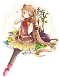 Rule 34 | 1girl, bad id, bad pixiv id, bird, black pantyhose, blush, boots, brown hair, brown skirt, bug, butterfly, flower, hair flower, hair ornament, highres, insect, instrument, instrument case, leaf, light brown hair, long hair, looking at viewer, music, original, owl, pantyhose, pink footwear, plant, playing instrument, puffy short sleeves, puffy sleeves, red shirt, shirt, short sleeves, sitting, skirt, solo, tsukiyo (skymint), twintails, very long hair, vines, violin