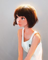 Rule 34 | 1girl, bare shoulders, brown eyes, closed mouth, collarbone, highres, lips, looking away, sam yang, short hair, simple background, sleeveless, solo