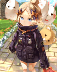 Rule 34 | 1girl, abigail williams (fate), abigail williams (traveling outfit) (fate), bandaid, bandaid on face, bandaid on forehead, belt, black bow, black jacket, blonde hair, blue eyes, bow, breasts, crossed bandaids, fate/grand order, fate (series), forehead, hair bow, hair bun, heroic spirit traveling outfit, high collar, jacket, long hair, long sleeves, multiple hair bows, official alternate costume, orange belt, orange bow, parted bangs, polka dot, polka dot bow, sakazakinchan, single hair bun, sleeves past fingers, sleeves past wrists, small breasts
