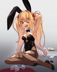 Rule 34 | 1girl, alcohol, animal ears, arm behind head, arm up, armpits, bakaring, beads, black bow, black bowtie, black footwear, black leotard, blonde hair, blush, bow, bowtie, breasts, broken plate, brown pantyhose, cleavage, clothing cutout, cup, detached collar, drinking glass, fake animal ears, fallen down, food, full body, hair beads, hair between eyes, hair ornament, hand in own hair, highres, leotard, long hair, medium breasts, one eye closed, open mouth, original, pantyhose, plate, playboy bunny, pointy ears, rabbit ears, red eyes, sidelocks, sitting, solo, spill, tearing up, tray, twintails, wine, wine glass