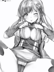 Rule 34 | 1girl, :p, bad id, bad pixiv id, blush, breasts, cameltoe, copyright request, greyscale, hair ornament, heart, highres, japanese clothes, kimono, large breasts, long hair, looking at viewer, monochrome, nanashi (nlo), nipples, obi, one eye closed, sash, simple background, smile, solo, spread legs, tongue, tongue out, virtual youtuber, white background