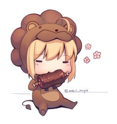 Rule 34 | 1girl, :t, = =, ahoge, animal costume, artoria pendragon (all), artoria pendragon (fate), blonde hair, boa (brianoa), boned meat, chibi, eating, fate/tiger colosseum, fate (series), food, holding, holding food, lion costume, meat, saber lion, simple background, sitting, solo, twitter username, white background, wide face