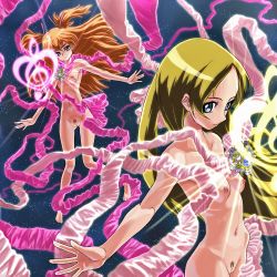 Rule 34 | 10s, 2girls, amulet, blonde hair, blue eyes, breasts, brooch, female pubic hair, hair ribbon, henshin, houjou hibiki, jewelry, light rays, long hair, magical girl, medium breasts, minamino kanade, multiple girls, musical note, naked ribbon, navel, nipples, nude, orange hair, otsukare, precure, pubic hair, pussy, ribbon, smile, space, suite precure, transformation, treble clef, twintails, two side up, uncensored