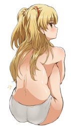 Rule 34 | 10s, 1girl, ass, back, back focus, blonde hair, blush, from behind, idolmaster, idolmaster cinderella girls, jougasaki rika, knees up, looking at viewer, looking back, panties, shift (waage), simple background, sitting, solo, topless, twintails, two side up, underwear, underwear only, white background, white panties, yellow eyes