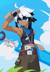 Rule 34 | 1boy, ahoge, arm up, armored gloves, armpits, bare shoulders, belt, black hair, blue eyes, blue scarf, blue shirt, blue sky, brown belt, brown gloves, brown shorts, closed mouth, cloud, cloudy sky, commentary, cowboy shot, crystal necklace, dark-skinned female, dark skin, day, detached ahoge, english commentary, facing viewer, gloves, grass, greatsword, hand on own forehead, highres, looking afar, looking to the side, male focus, midriff, minimilieu, multicolored hair, navel, open hand, original, pixel art, pouch, rune (ueko), scarf, shiny skin, shirt, short ponytail, shorts, shoulder belt, sidelocks, sky, sleeveless, sleeveless shirt, solo, standing, sword, thigh pouch, two-tone hair, v-shaped eyebrows, weapon, white hair