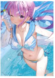 Rule 34 | 1girl, absurdres, ahoge, armpits, bikini, blush, braid, breasts, cleavage, collarbone, colored inner hair, day, gaou (umaiyo puyoman), highres, hololive, layered bikini, lips, long hair, looking at viewer, medium breasts, minato aqua, multicolored hair, nail polish, navel, one eye closed, outdoors, purple eyes, purple hair, scan, see-through, shirt, side-tie bikini bottom, smile, solo, stomach, striped bikini, striped clothes, swimsuit, thighs, twintails, two-tone hair, virtual youtuber, wading, wet, wet clothes, wet shirt