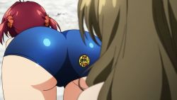 Rule 34 | 2girls, all fours, animated, animated gif, antenna hair, ass, ass focus, ass shake, badge, bent over, blue one-piece swimsuit, butt crack, button badge, close-up, english text, grey hair, isshiki akane, long hair, multiple girls, one-piece swimsuit, outdoors, red hair, school swimsuit, scrunchie, shinomiya himawari, shiny clothes, short hair, short twintails, swimsuit, thigh gap, thighs, twintails, vividred operation, wide hips