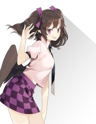 Rule 34 | 1girl, arm up, bad id, bad twitter id, black necktie, black wings, brown hair, checkered clothes, checkered skirt, cowboy shot, from side, hair ribbon, himekaidou hatate, leaning forward, looking at viewer, necktie, open mouth, pointy ears, puffy short sleeves, puffy sleeves, purple eyes, purple ribbon, purple skirt, ribbon, shirt, short sleeves, skirt, solo, suminagashi, touhou, twintails, white shirt, wings