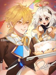 Rule 34 | 1boy, 1girl, aether (genshin impact), ahoge, arm armor, black eyes, black scarf, blonde hair, blueberry, blush, braid, brown background, brown gloves, brown shirt, cake, clenched hands, commission, confetti, crystal hair ornament, earrings, flying, food, fruit, genshin impact, gloves, gold trim, gradient background, grey hair, hair between eyes, hair ornament, halo, hands up, highres, holding, holding tray, jewelry, long hair, long sleeves, looking at food, looking down, lumine (genshin impact), mechanical halo, open mouth, paimon (genshin impact), pennant, puffy long sleeves, puffy sleeves, romper, scarf, shirt, short hair, short sleeves, signature, single earring, smile, sn jiho, sparkle, standing, strawberry, teeth, tongue, tray, watermark, white romper, white scarf, yellow background, yellow eyes