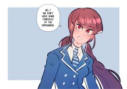 Rule 34 | 1girl, blue background, blue jacket, border, breasts, brown hair, buttons, collared shirt, danganronpa (series), danganronpa v3: killing harmony, double-breasted, english text, harukawa maki, hellshake yuli, highres, jacket, long hair, long sleeves, low twintails, necktie, red eyes, shirt, small breasts, solo, speech bubble, striped necktie, twintails, white border, white shirt