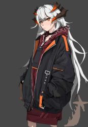 Rule 34 | 1girl, arknights, black choker, black jacket, choker, closed mouth, collarbone, commentary, dragon girl, dragon horns, dragon tail, english commentary, feet out of frame, grey background, hands in pockets, head tilt, highres, hood, hood down, hoodie, horns, jacket, long hair, looking at viewer, myomu, open clothes, open jacket, orange eyes, pout, red hoodie, saria (arknights), simple background, solo, tail, unfinished, white hair